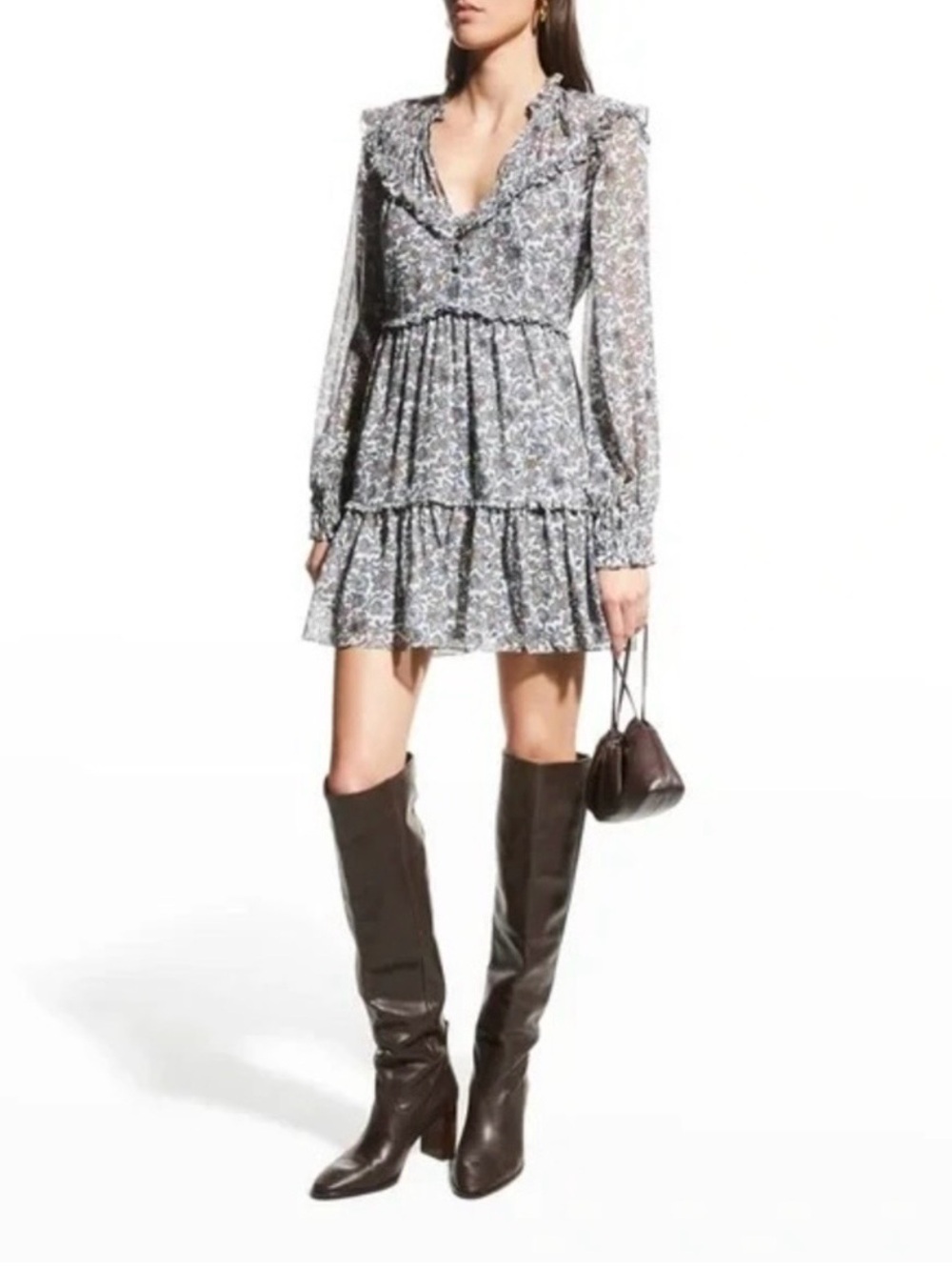 Veronica Beard Savile Floral 100% Silk Tiered Long Sleeves Mini Dress Size 2